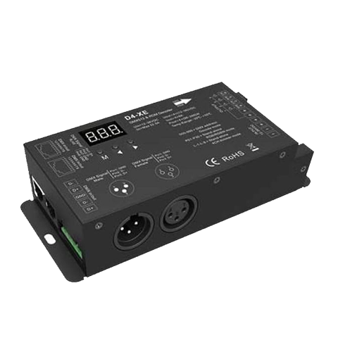 D4-XE DMX decoder: black metal box with a red 3-digit display, three buttons, and green terminal blocks